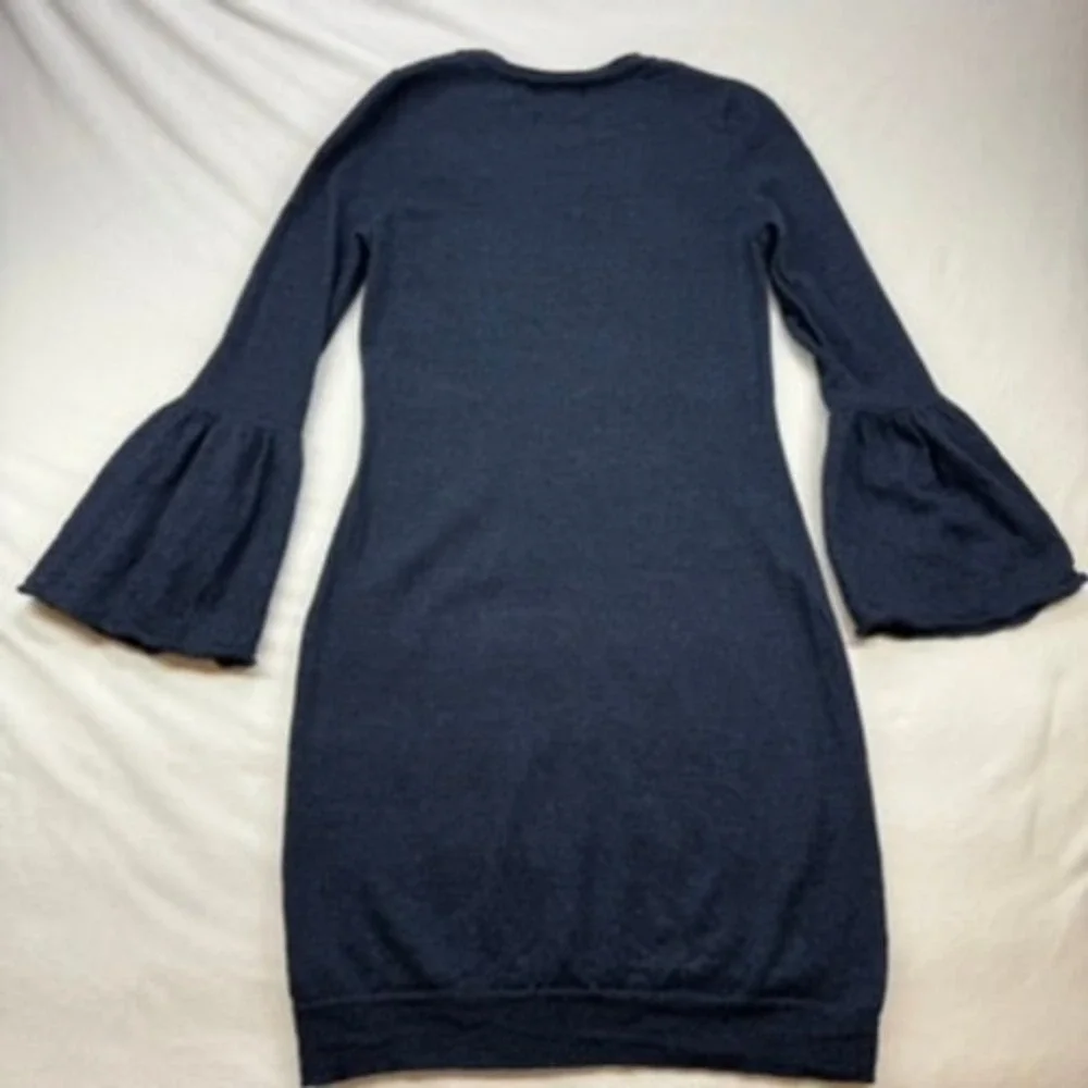 Cynthia Rowley Navy Blue 100% Extrafine Merino Wool Bell Sleeve Sweater Dress M